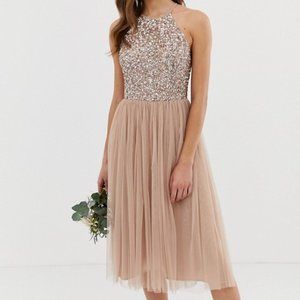 Maya halter neck midi tulle dress with sequins in taupe